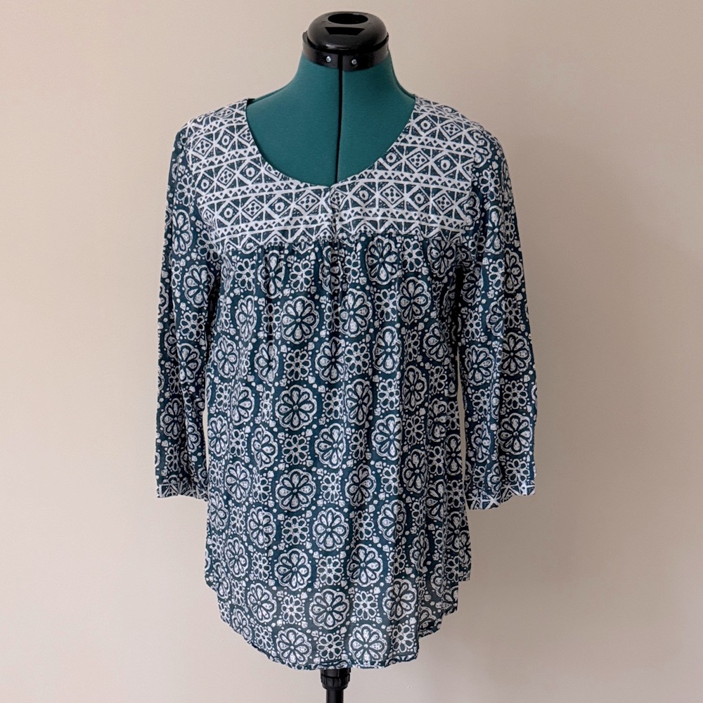 J. Jill | 100% Cotton Boho Geometric Floral Blouse in Blue | Size S